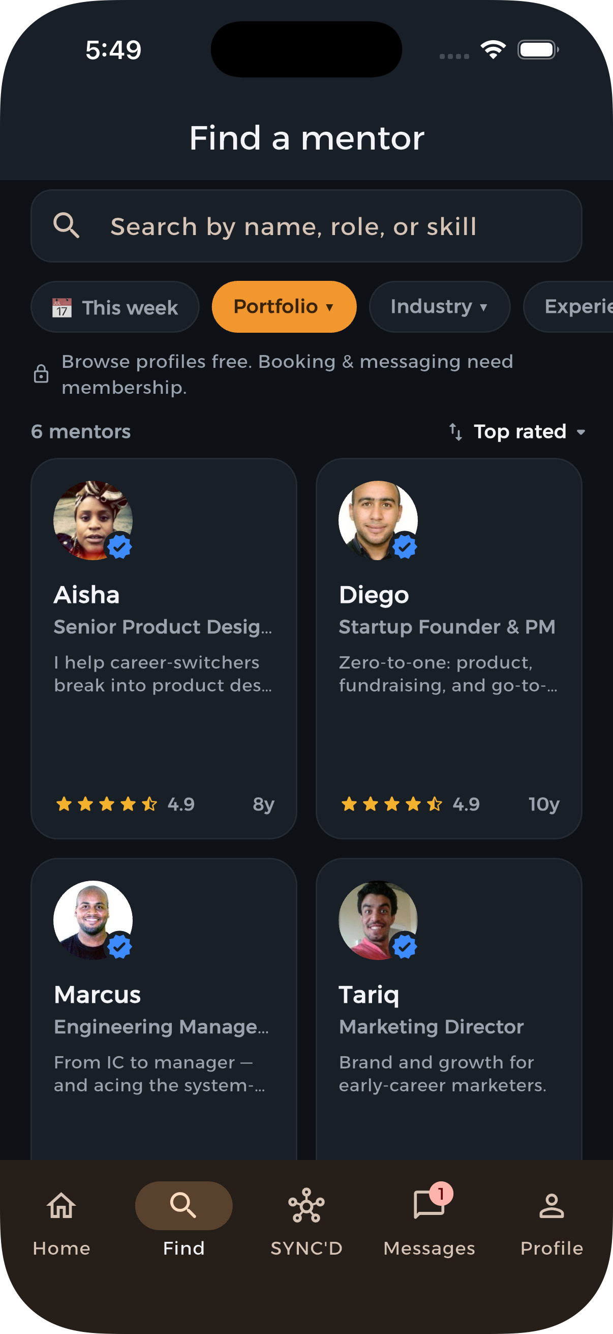 Browse and filter mentors